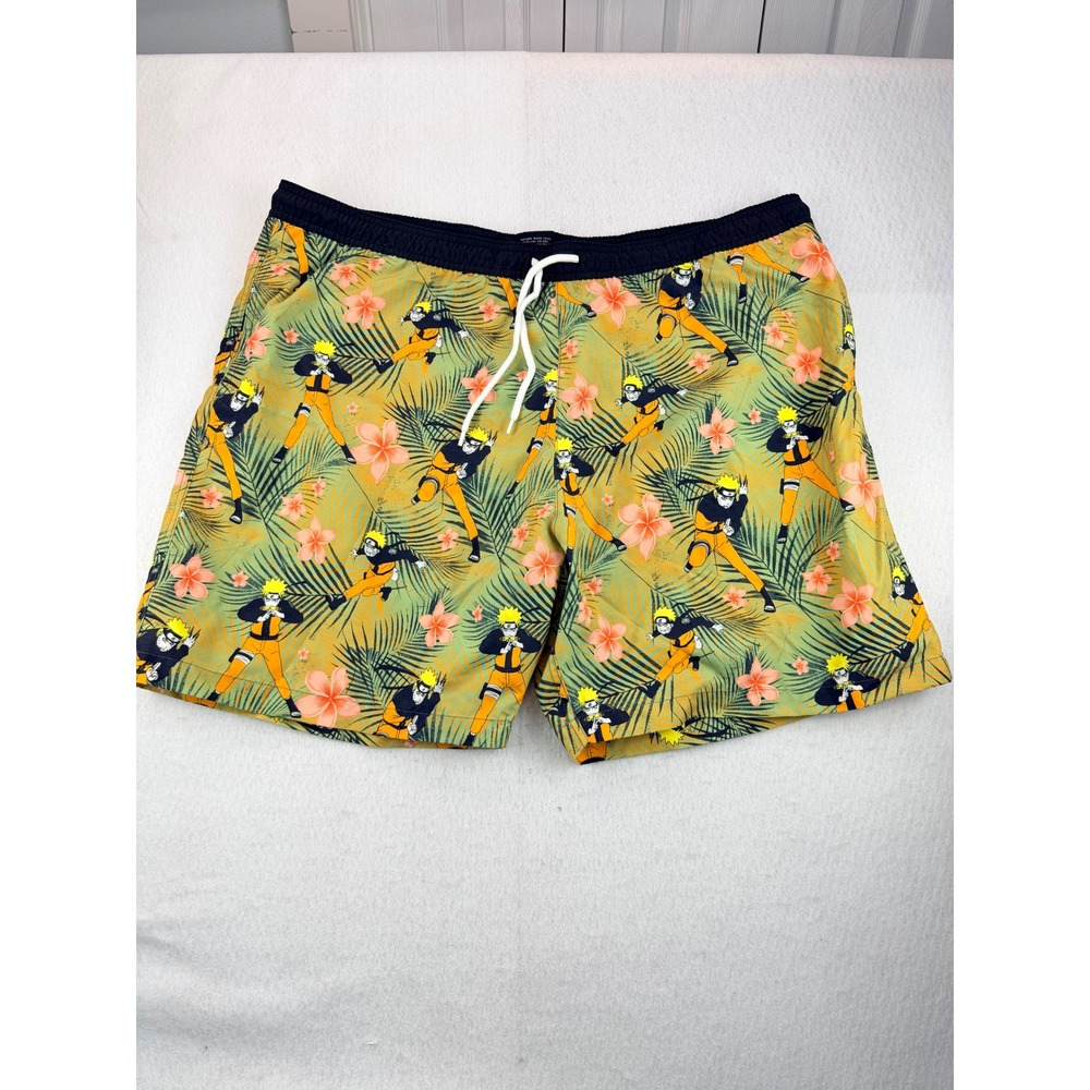 Naruto Shippuden Mens Tropical Anime Swim Trunks Green Orange Hibiscus Size XL